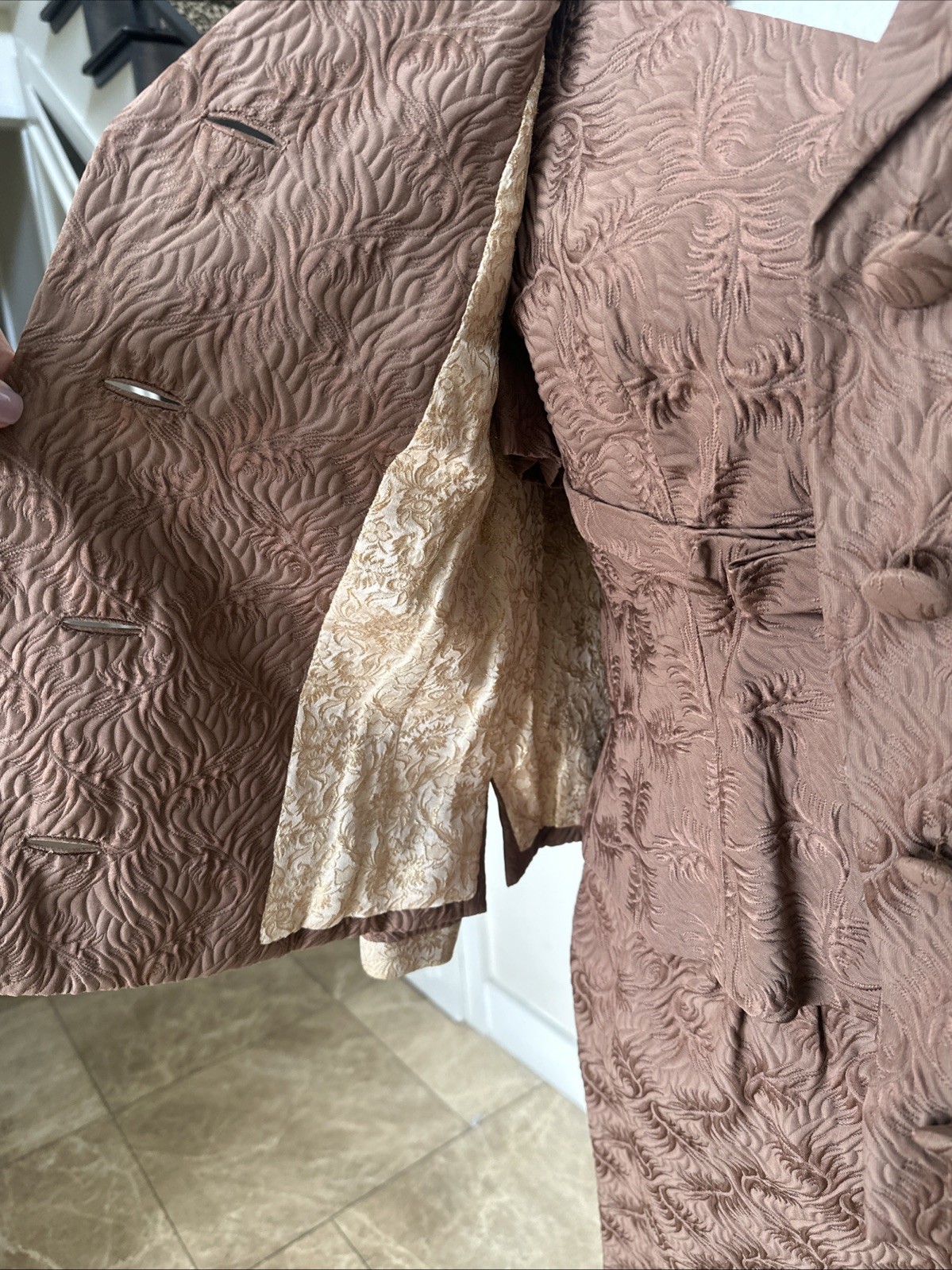 Sophie Gimbel Couture For Saks 50s Mocha Brown Silk Matelasse 3 Piece Skirt Suit