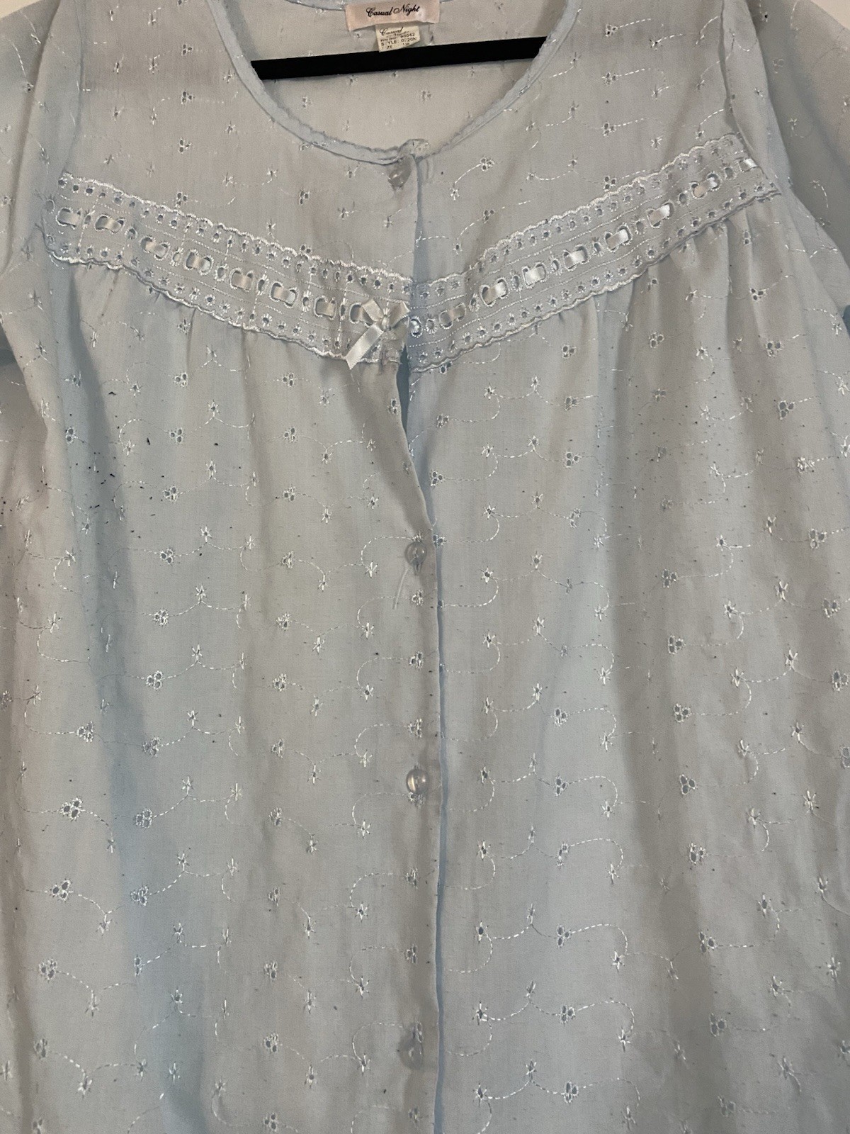 Casual Night Vintage Nightgown M Blue Eyelet Cottagecore Button Short Sleeve 41”