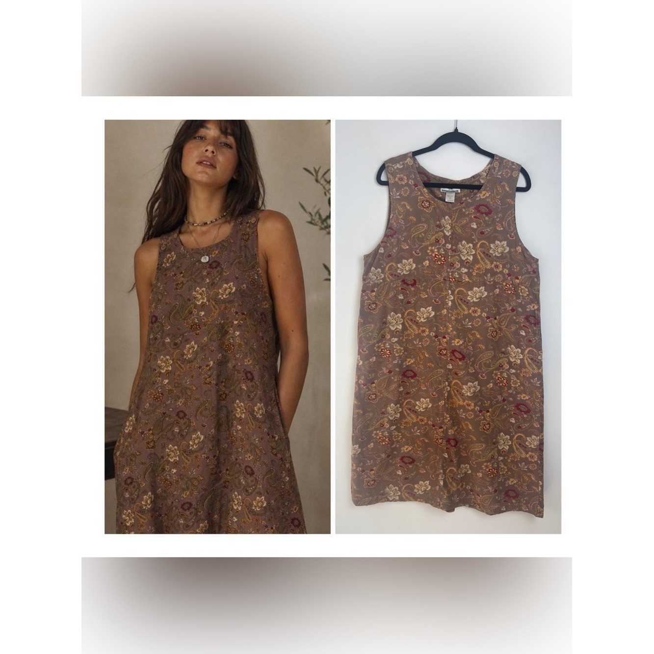 VTG Serengeti Large 90s Cottagecore Floral Corduroy Jumper Dress Pockets