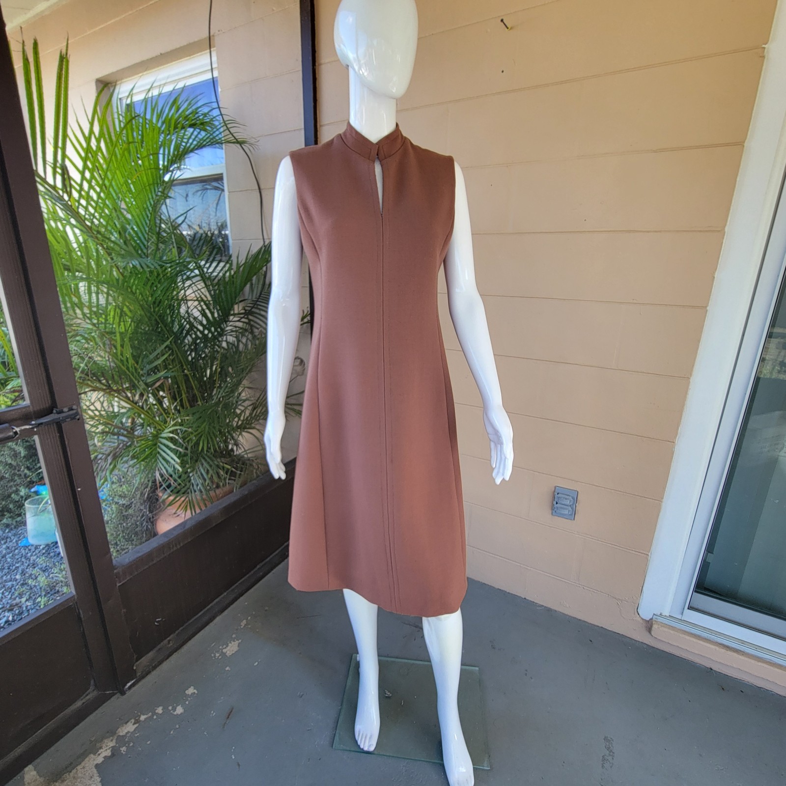 Vintage 70s Brown Sleeveless Midi Dress A-line Women Size 10/M Tailored
