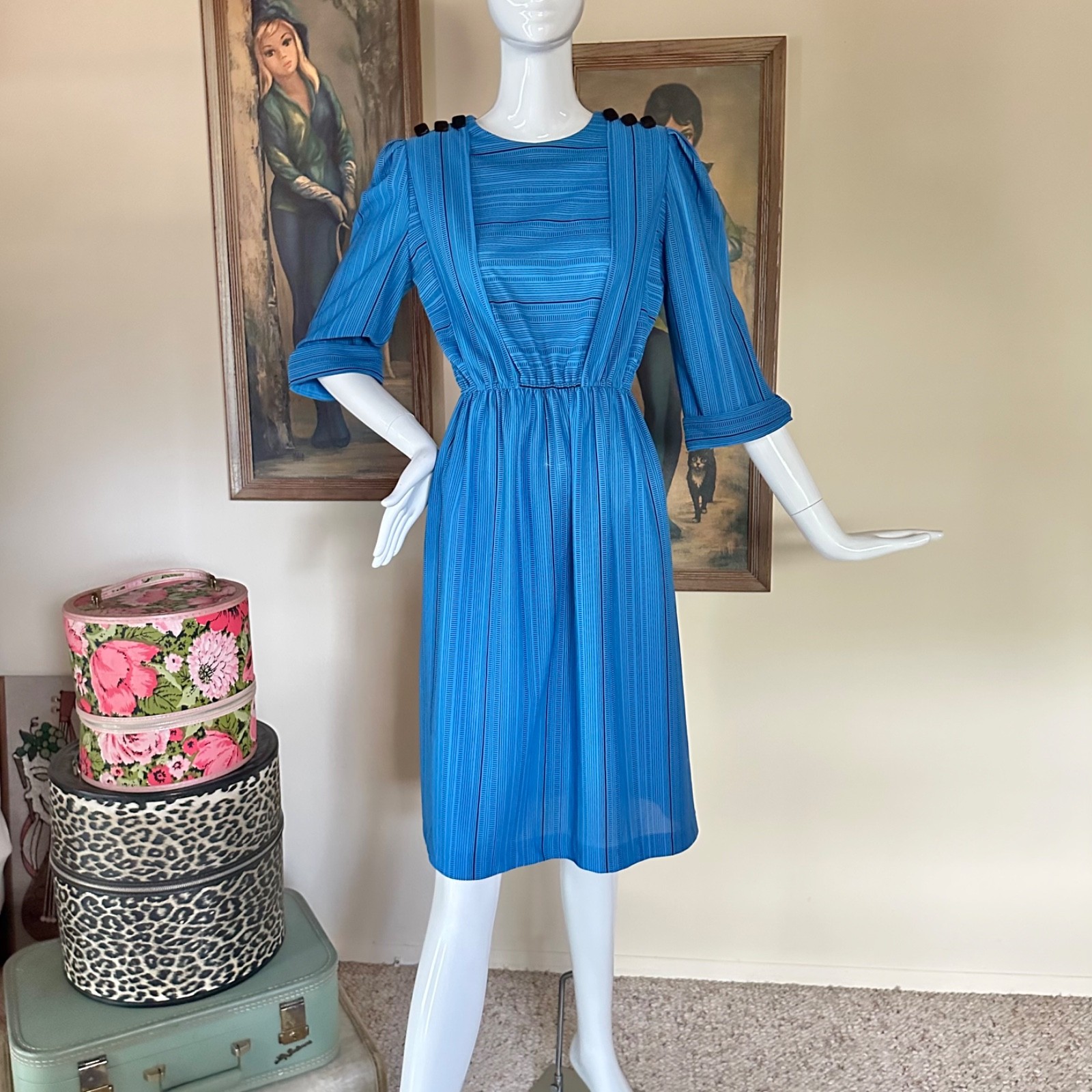 Vintage 1980s New Wave Dashes Striped Midi Day Dress Preppy Secretary M