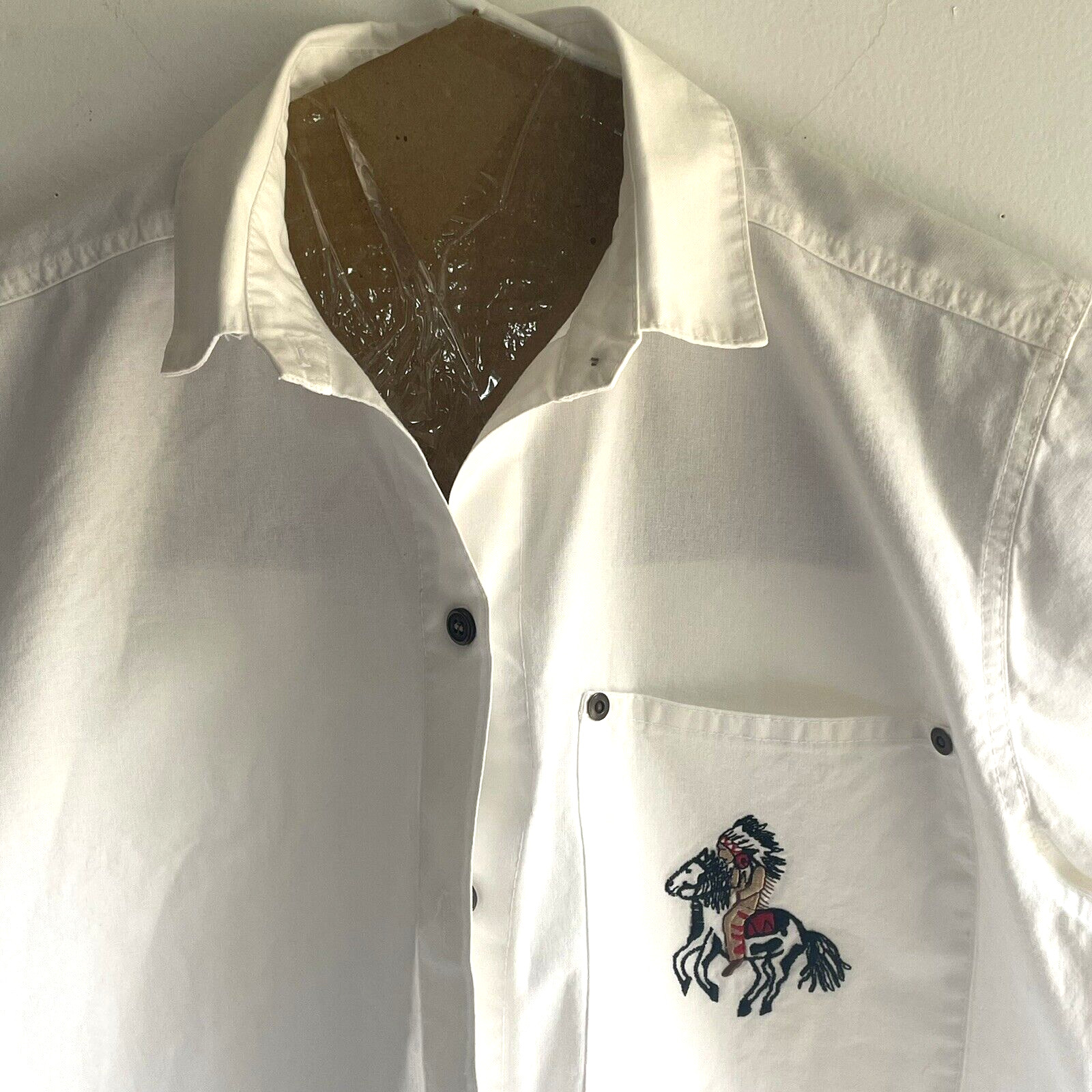 Vtg Gotcha Covered White Western Blouse Medium Embroidered Pony & Chief Warrior