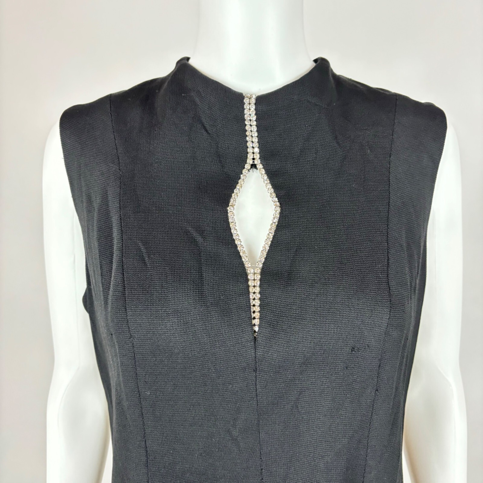 Vintage 60s Mod Mini Dress Black Rhinestone Keyhole Neckline Knit Tunic