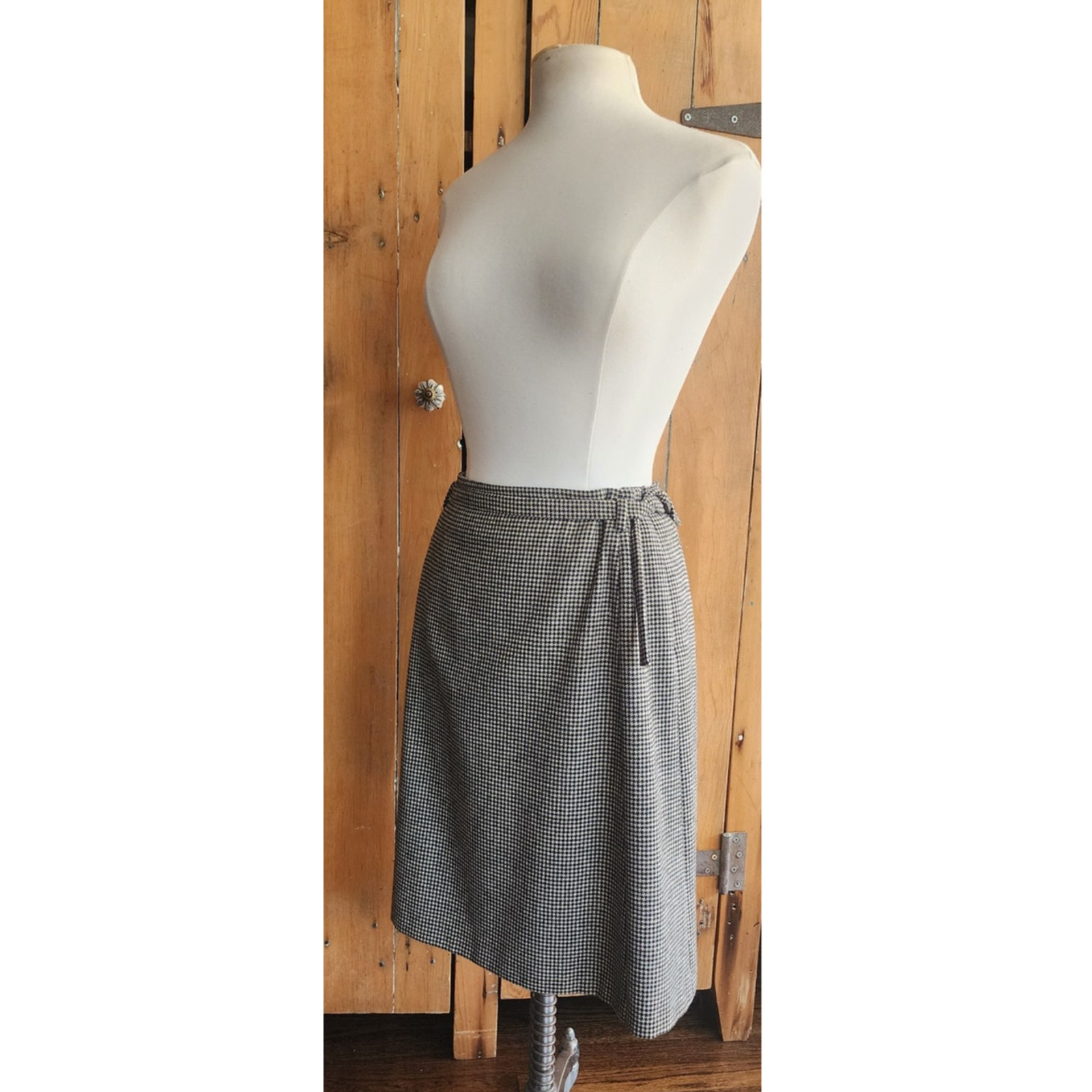 Vintage Dries Van Noten Skirt Gray Houndstooth Wool Knee Length Belt Sash Medium
