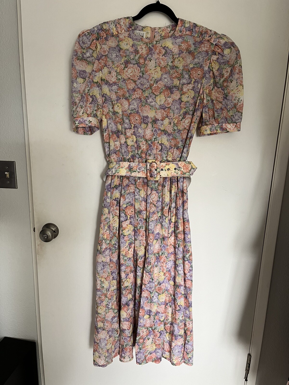 Leslie Fay Shirt Dress Sz 12 Vtg 80’s Cottage Core Pink Floral Pansy Fit N Flare