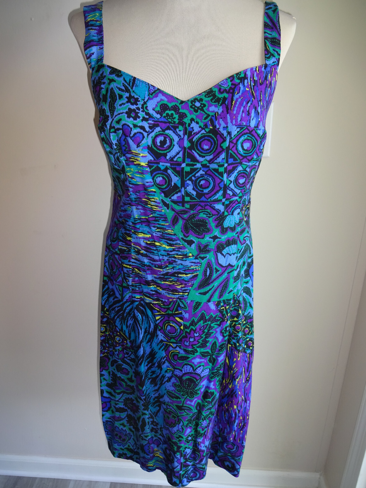 Vintage 1980s Juniors Womens Young Edwardian Dress 11 XS S Purple Blue Green USA