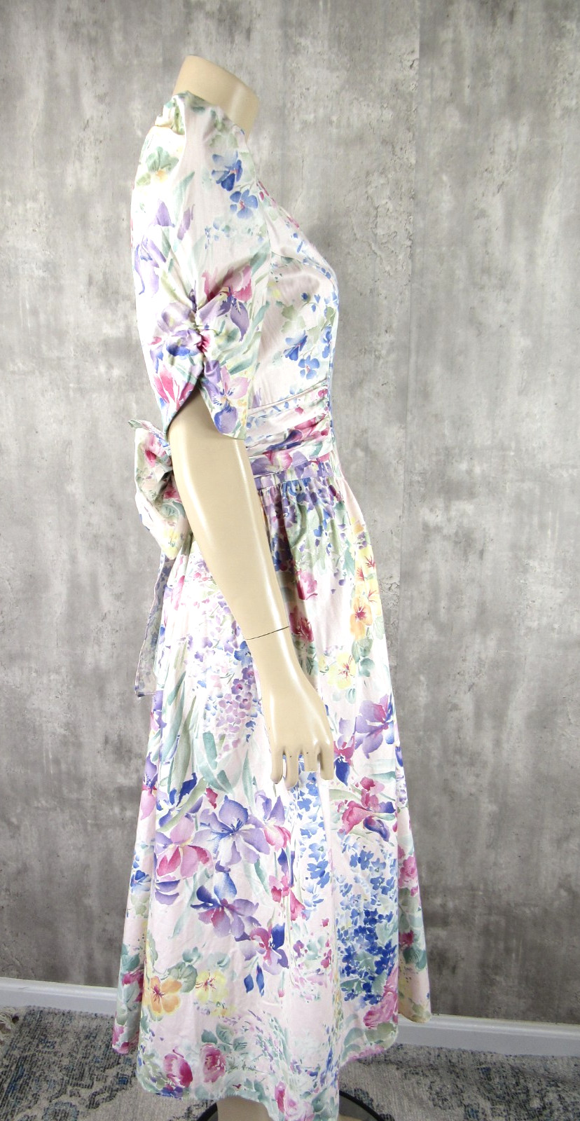 Vintage 80s Expo Floral Puffy Sleeves Big Bow Floral Cotton Midi Tea Dress S/M