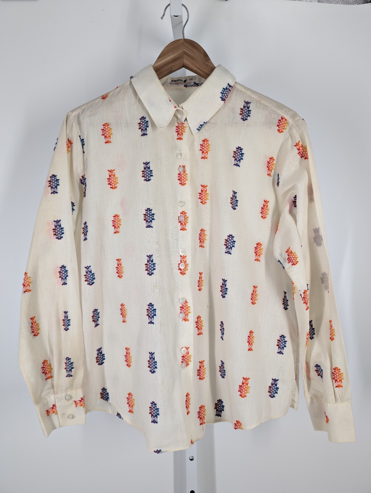 Vintage 70s Embroidered 3D Multicolor Boho Allover Print Disco Shirt Take #1 44″
