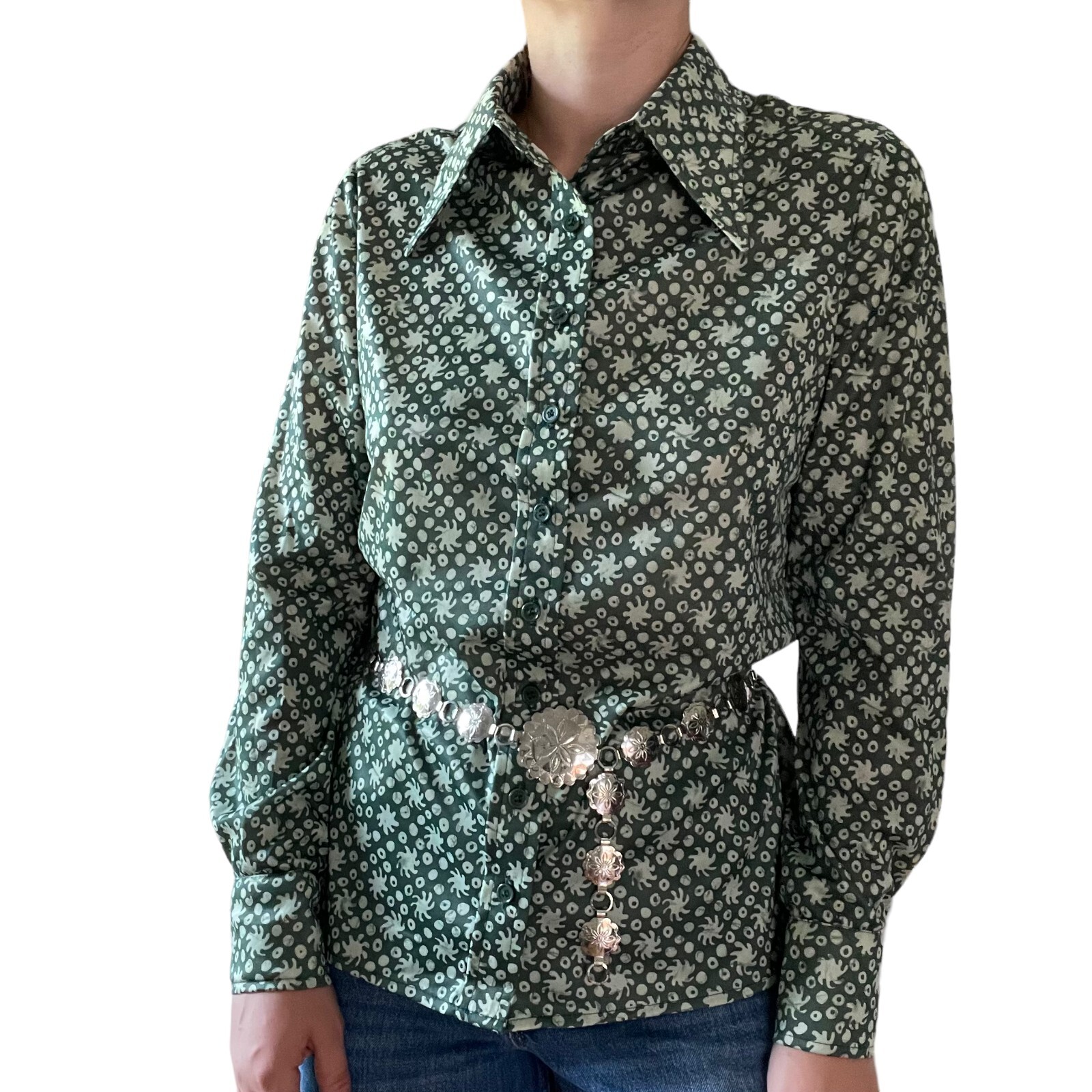 Vintage 1970s Womens Neusteters Green Retro Disco Collar Psychedelic Blouse Sz M