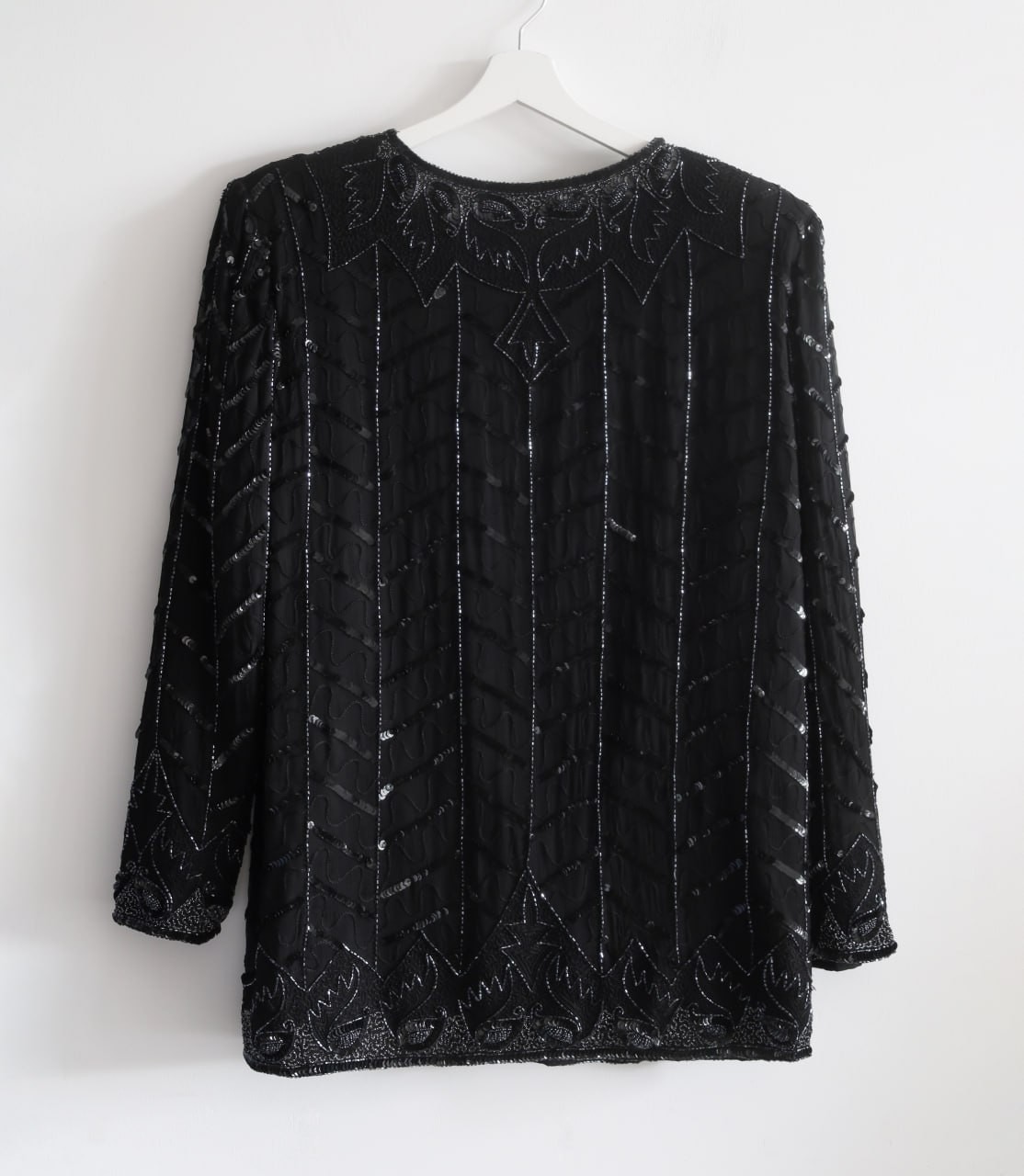 Vintage 100% Silk Beaded Sequin Black Evening Jacket C&A Your Sixth Sense XL