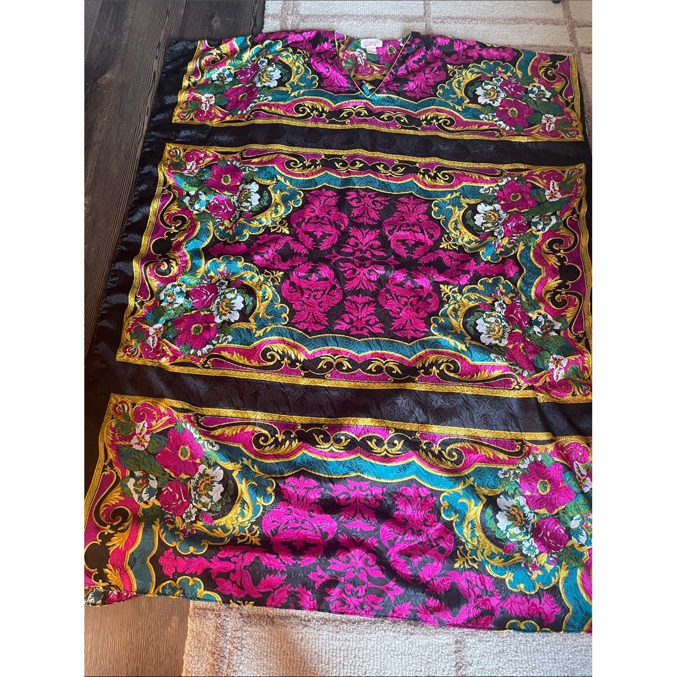 Vintage Exclusively Yours Vibrant Fuchsia & Black Maxi Dress Kaftan Baroque OS
