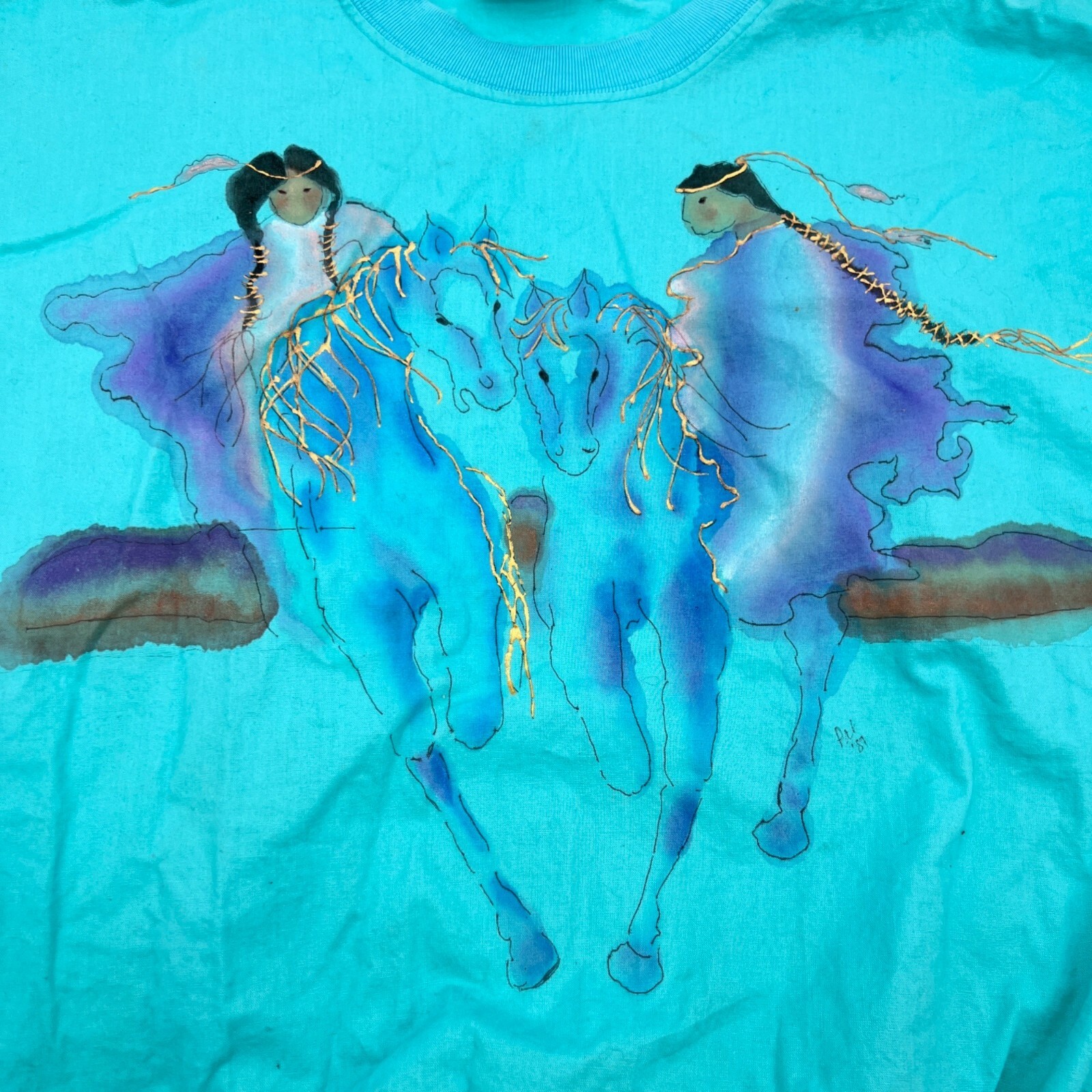 Vintage 80s Cotton Turquoise Blue Hand Painted Native American Watercolor Size L