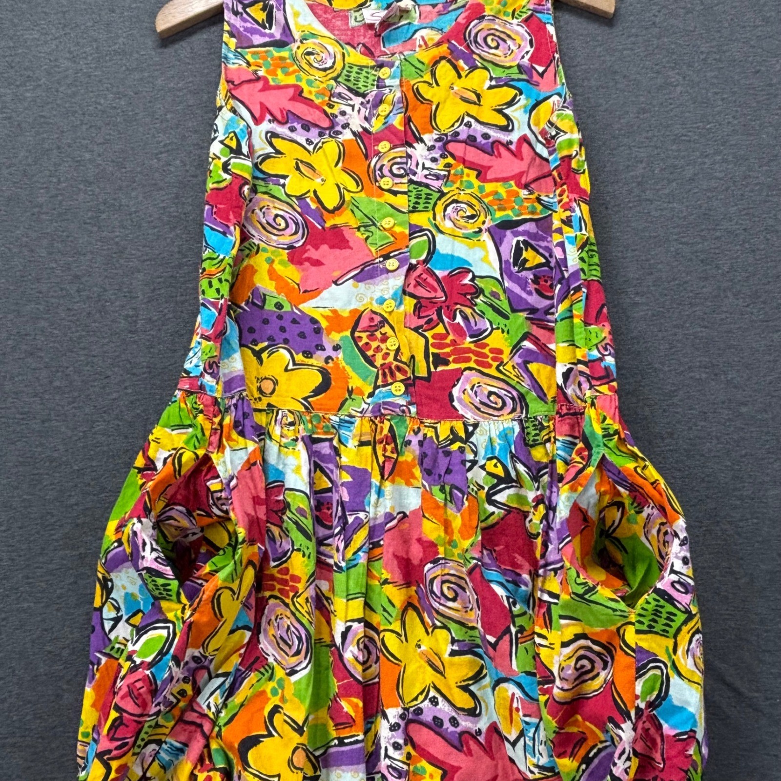 Sita Vintage Abstract Floral Cotton Midi Dress Multi Color Drop Waist Womens M