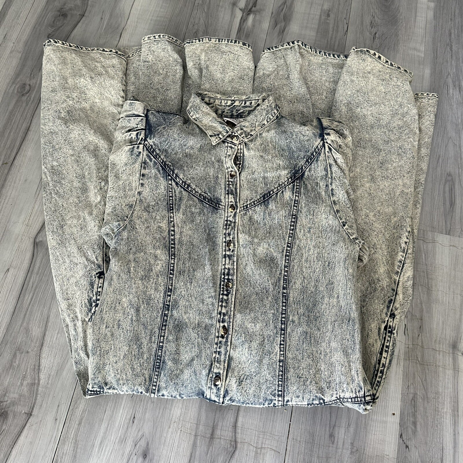 Vintage Desperado Acid Wash Denim Dress 80s Western Puff Sleeve Midi Blue Sz 11