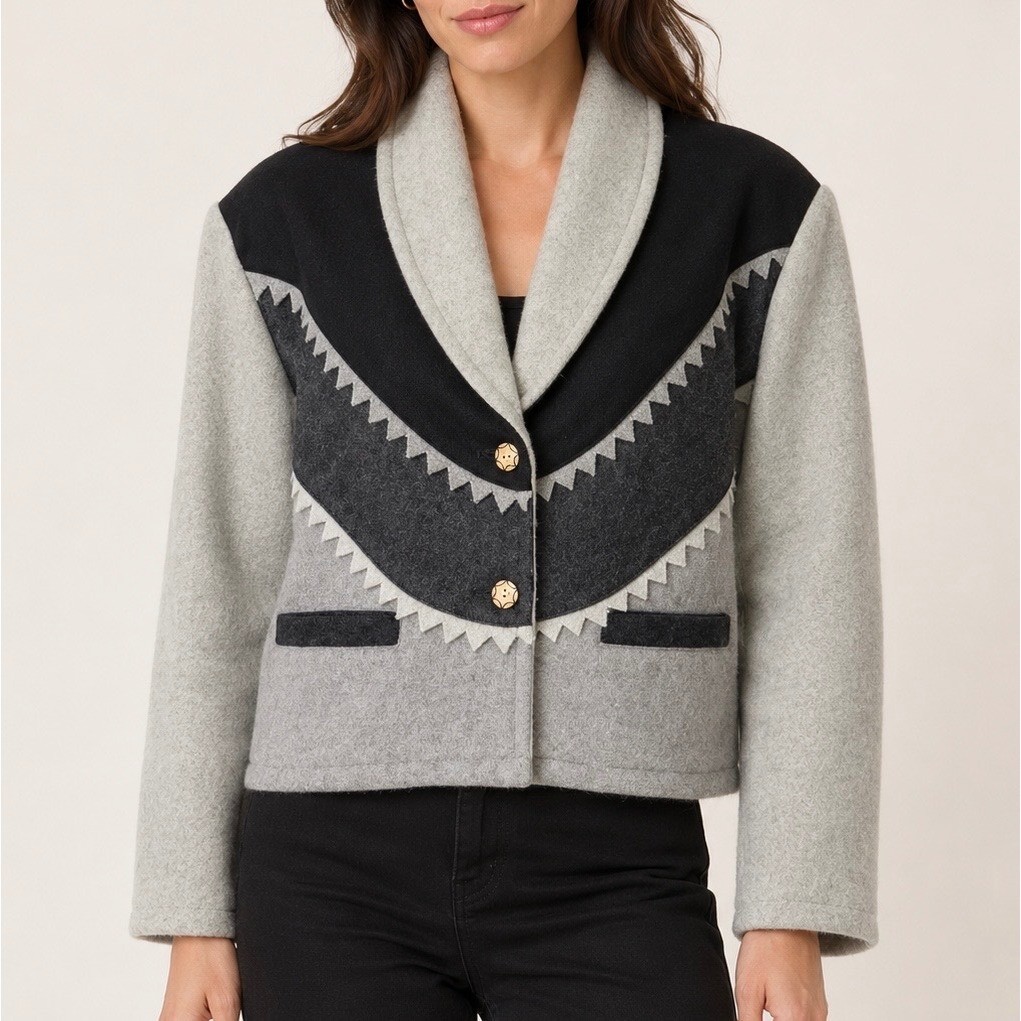 Sandy Starkman Wool Blend Padded Shoulder Western Vintage Black Gray Size L