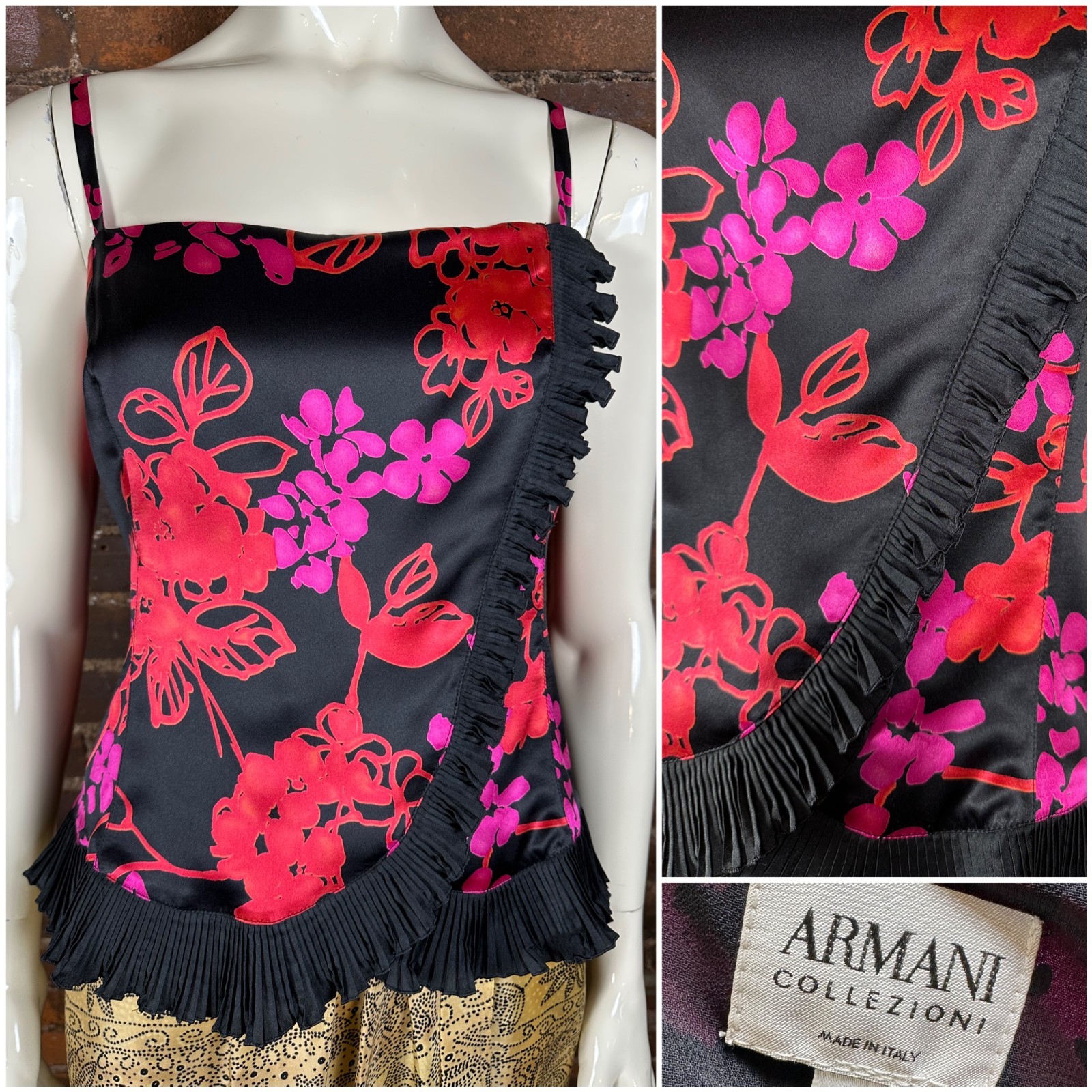 Vintage 1990’s ARMANI COLLEZIONI Black Red Pink 100% Silk Tank Top Camisole 14