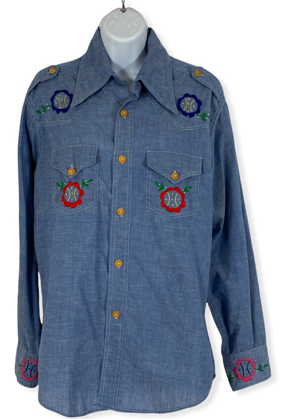 Vintage 1970’s L’escale Gaetjens handmade Haiti blue Chambray embroidered shirt