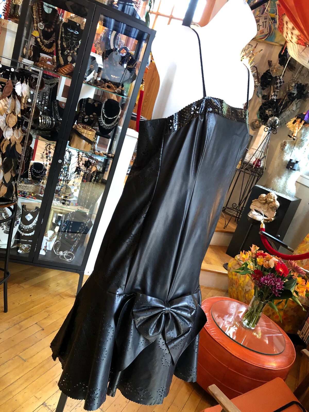 Vintage 80’s Black Leather and Silk-like Lined Dress Women’s Medium