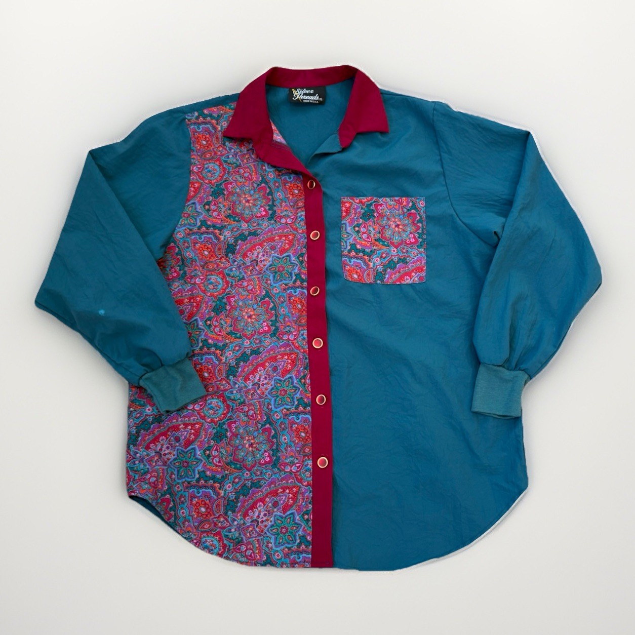 vintage Silver Threads Ltd. button-up shirt vibrant teal and paisley pattern