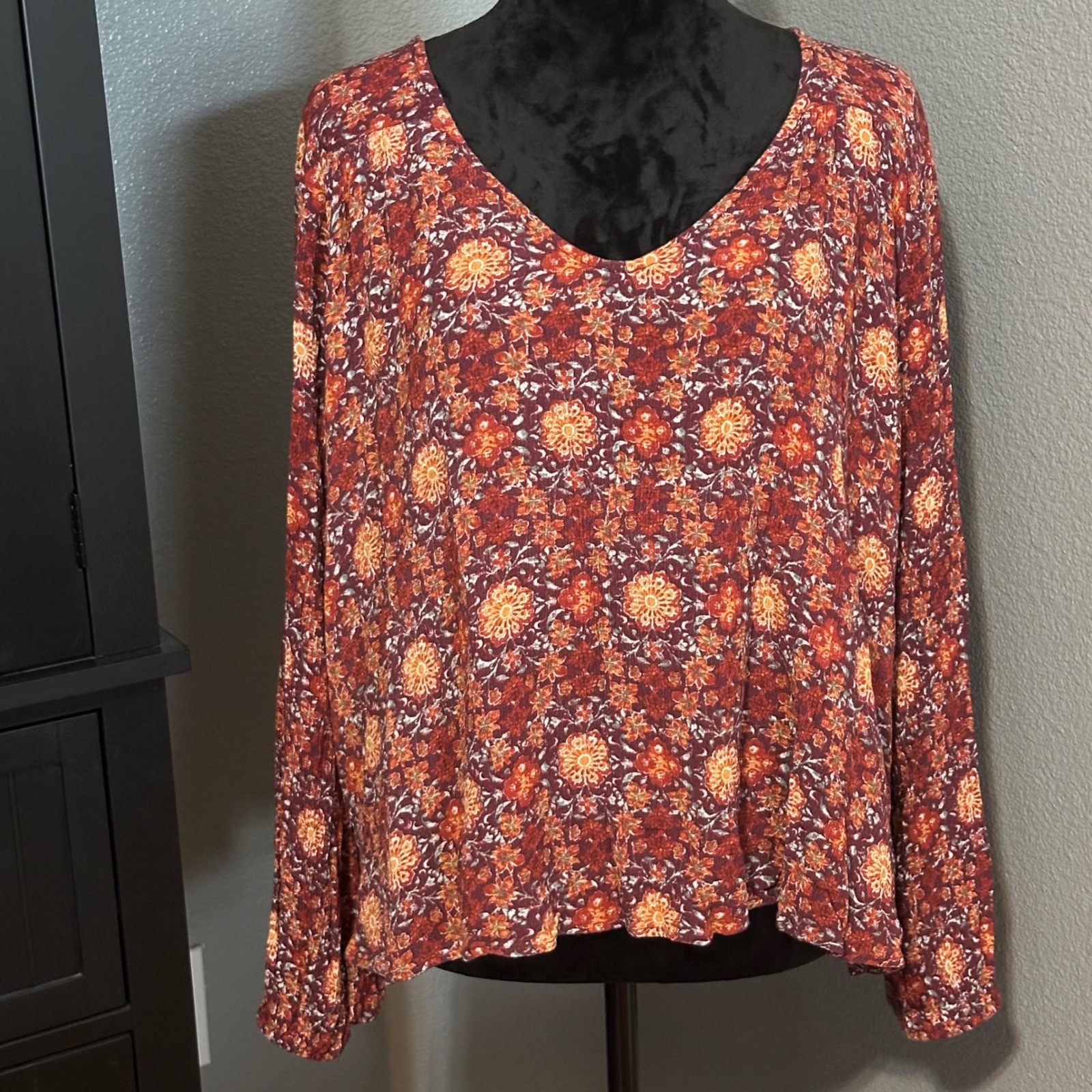 Gypsies & Moondust Women’s Blouse XL Boho Floral Open Back Long Sleeve