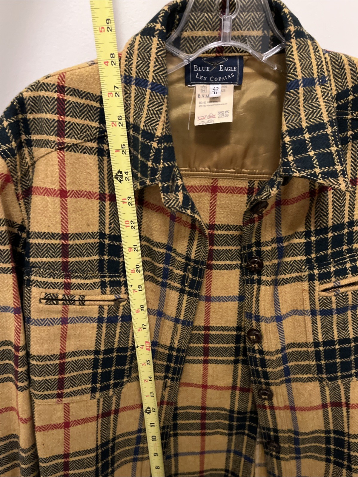 VINTAGE Les Copains Blue Eagle Yellow Plaid Jacket Italy Sz 42 Wool Blend Grunge