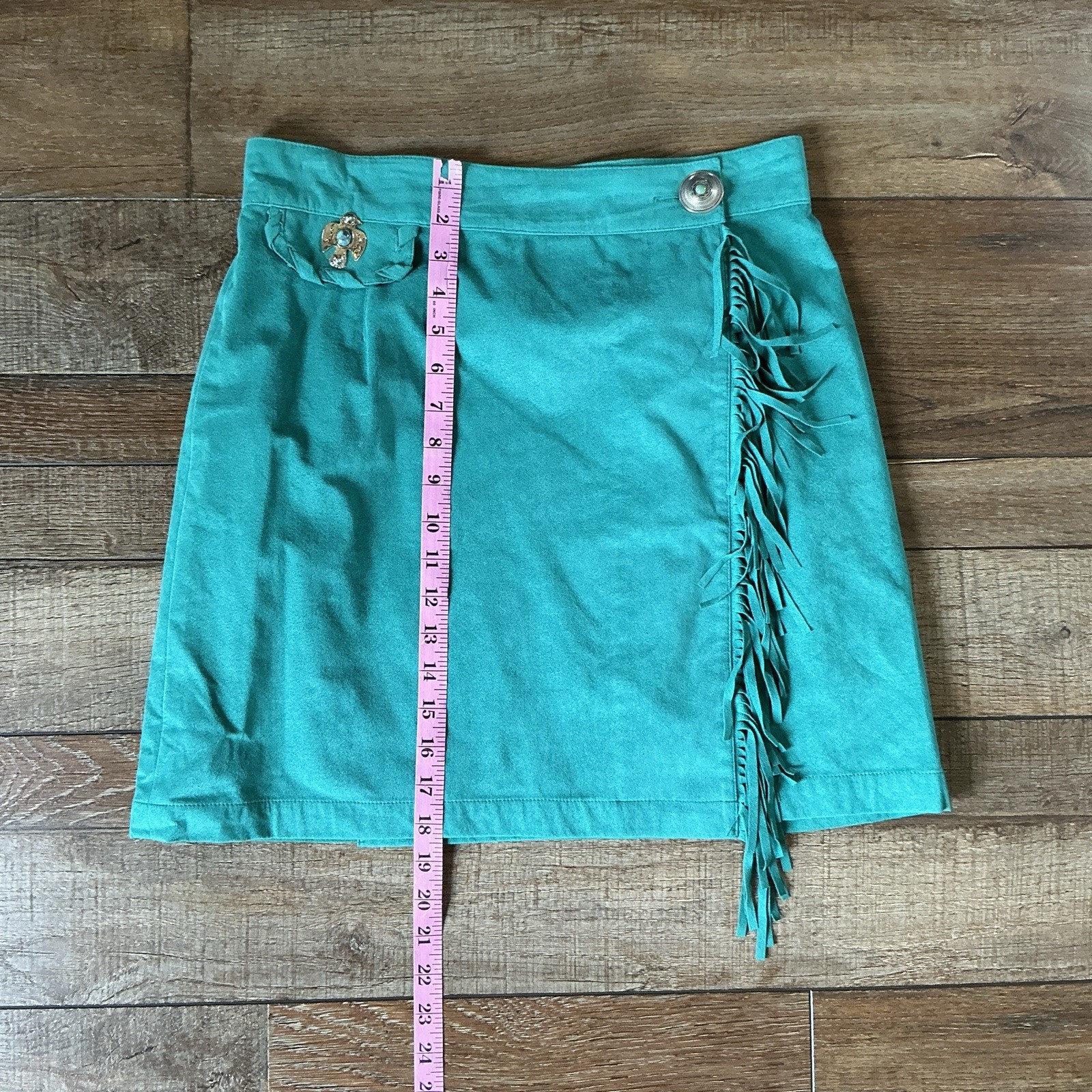 VINTAGE Dorothy Schoelen Platinum Fringe Wrap Skirt Women’s Sz 12 Teal USA #54D8