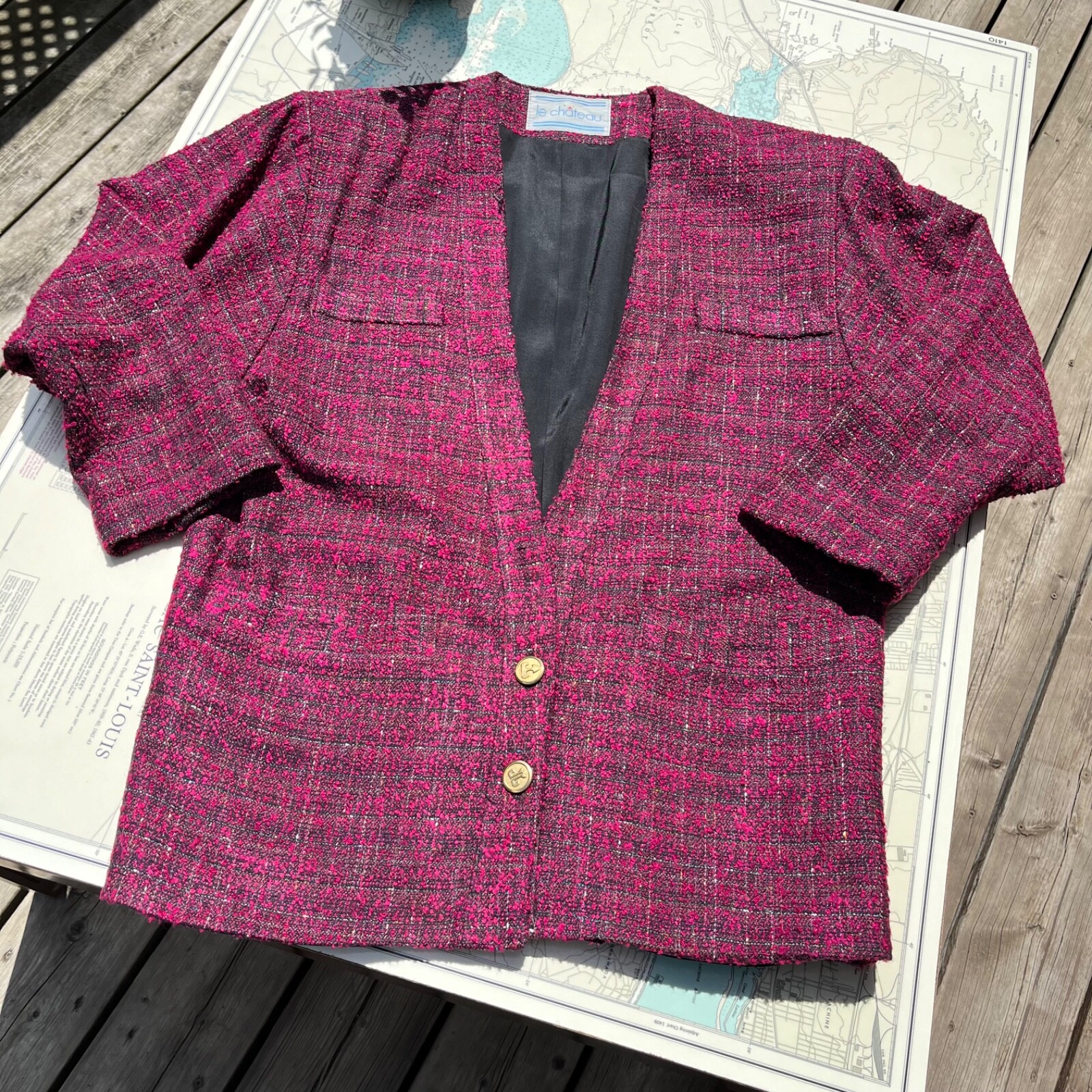 Vintage 90s Le Chateau Pink Tweed Oversized Blazer