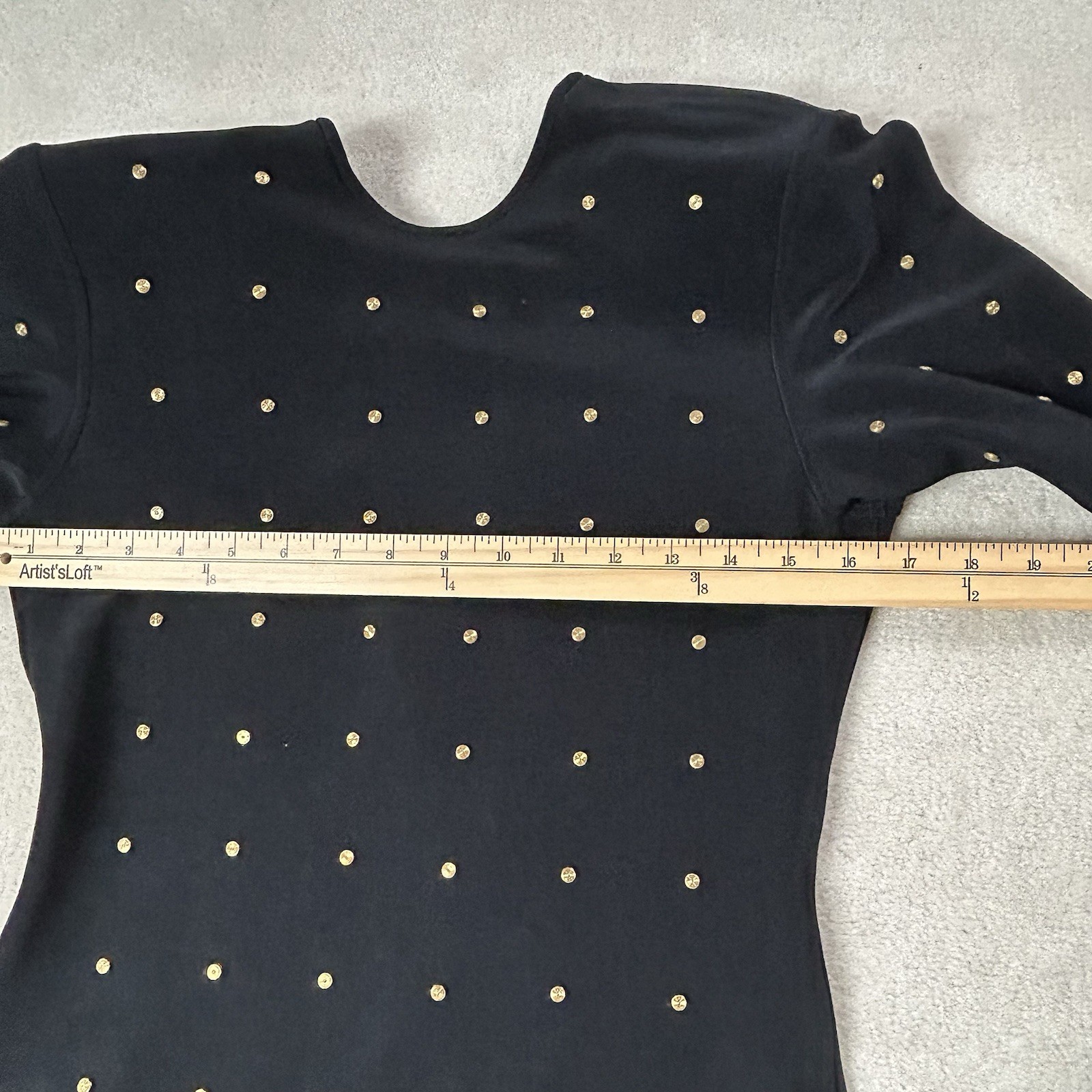 Vintage Tadashi Black & Gold Stretch Body Con Ruffle Cocktail Dress Size 14