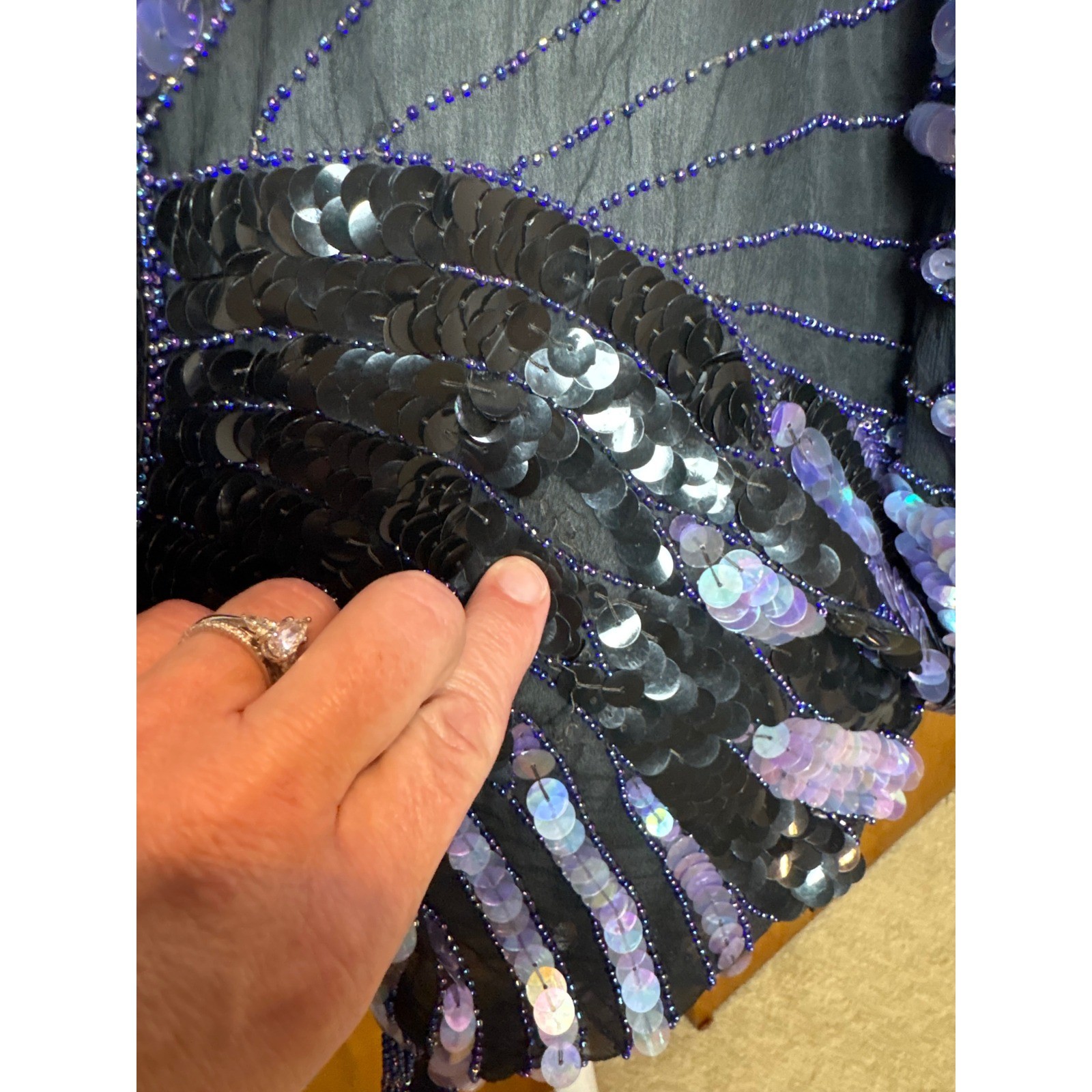 Shomax Vintage Silk Sequin Butterfly Top Iridescent Purple Beaded Batwing Blouse