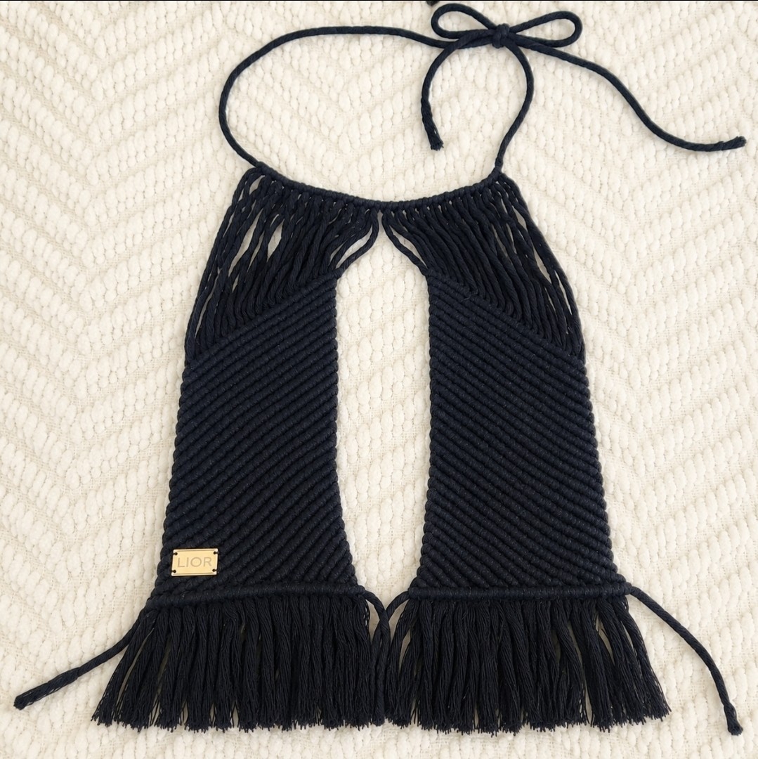 Lior Black Macramé Halter Top Sz S/M Fringe Hem Boho Festival Concert Shirt