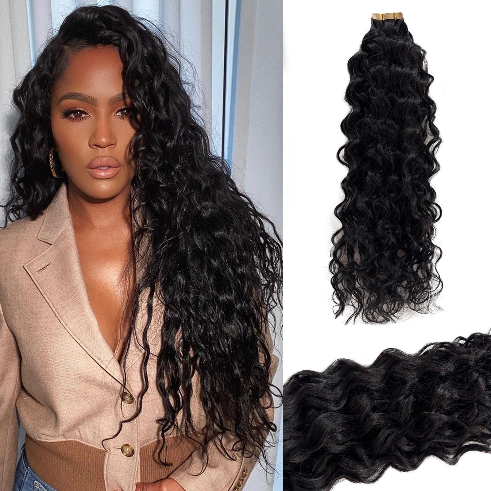 Invisible Tape in Hair Extensions Human Hair 24 Inch Water Wave Natural Black