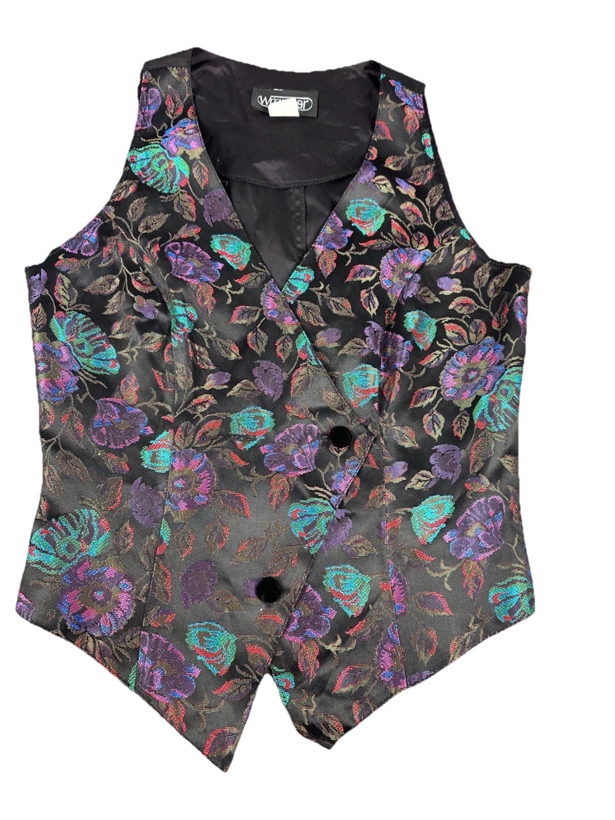 VTG 80s WRAPPER Floral Brocade Multicolor Holographic Tapestry Vest USA Women S