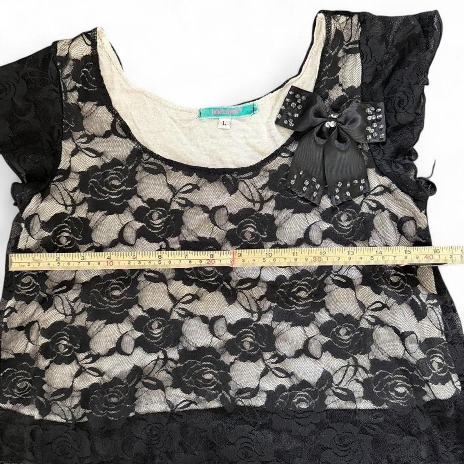 Black Lace Blouse with Rhinestone Bow Size L