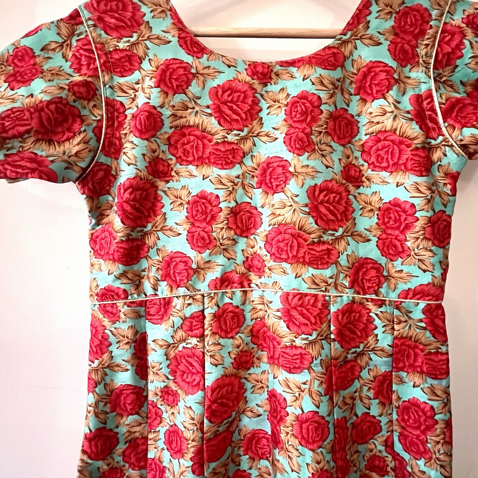 Vintage Indian Cotton Dress Artisan Floral Block Print Embroidered