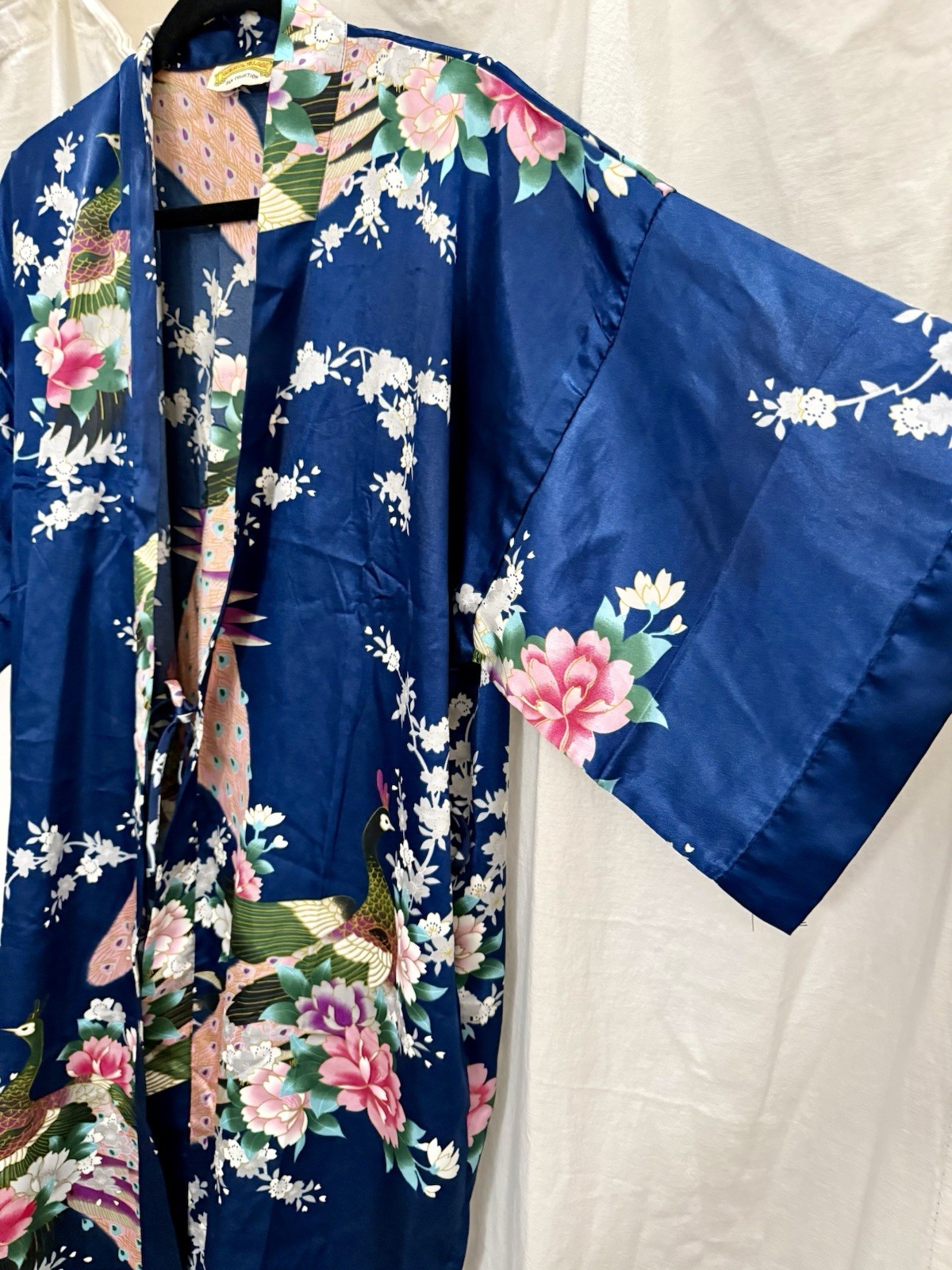 VTG 90s Silk Peacock Kimono Robe Blue Floral Statement Boho Lagenlook Luxe