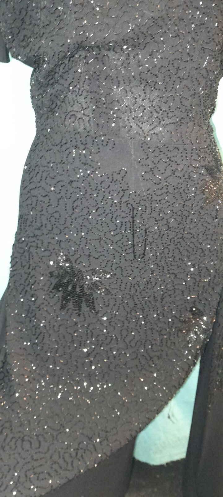 Vtg 1940s Rayon Crepe ENCRUSTED Beaded Black Evening Cocktail Long Sash Dress M
