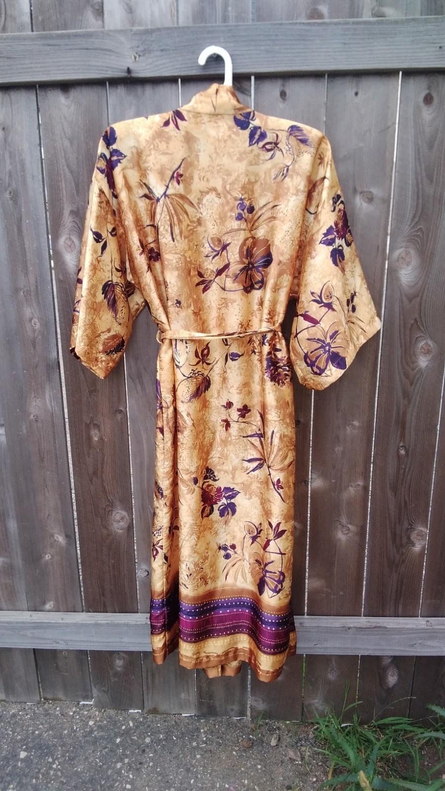 Vintage Womens Robe Silky Belted 80s Gold Purple Print Shoukder Pads Small