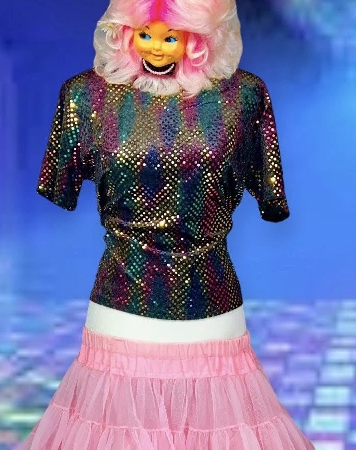 RAINBOW SNAKESKIN SEQUIN VELVET TOP SHIRT POP DIVA 1990s CLUB RAVE VINTAGE Y2K L