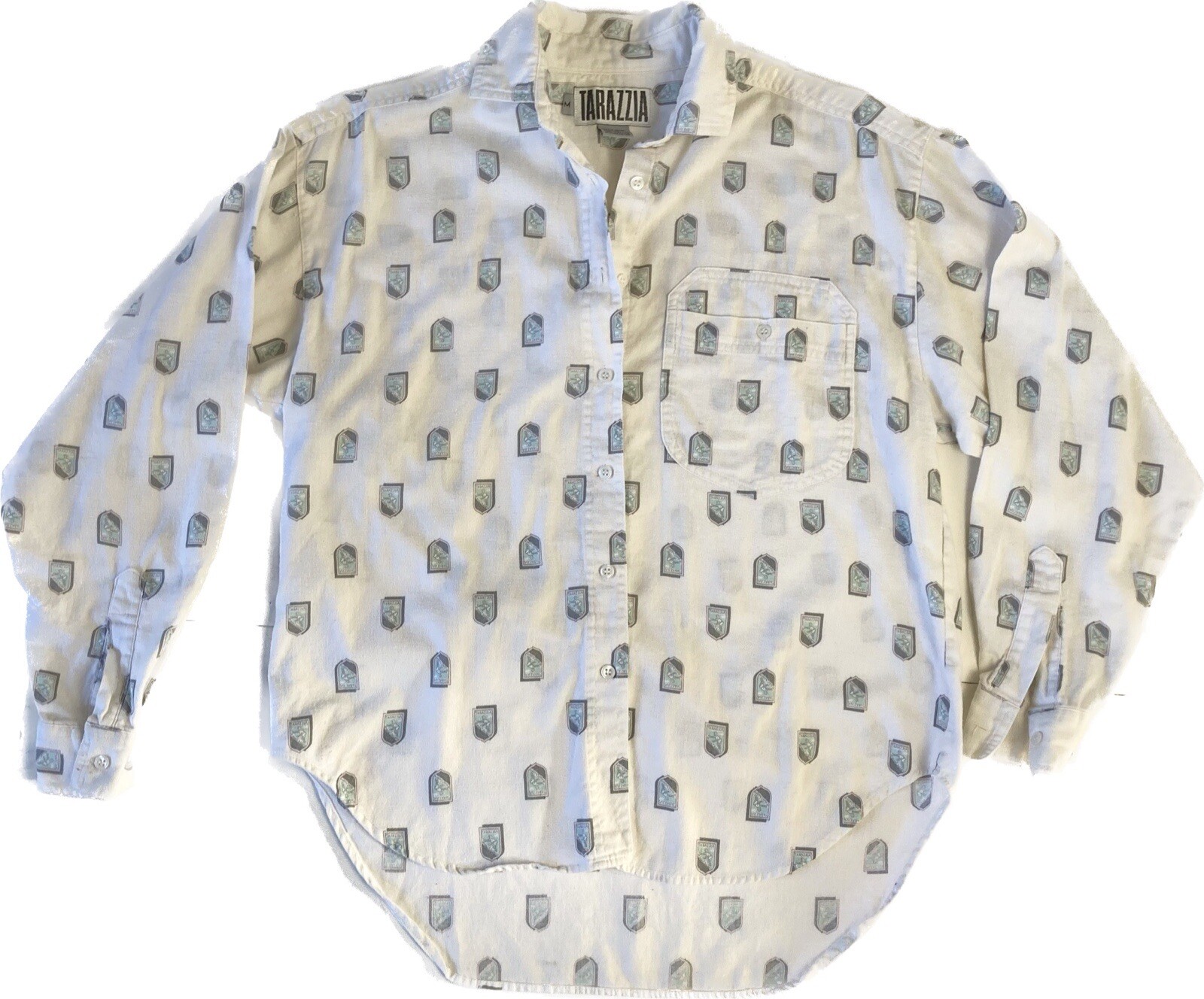 Tarazzia Button Up Shirt Women’s Size M White Gray Pink Pattern Blouse Vintage