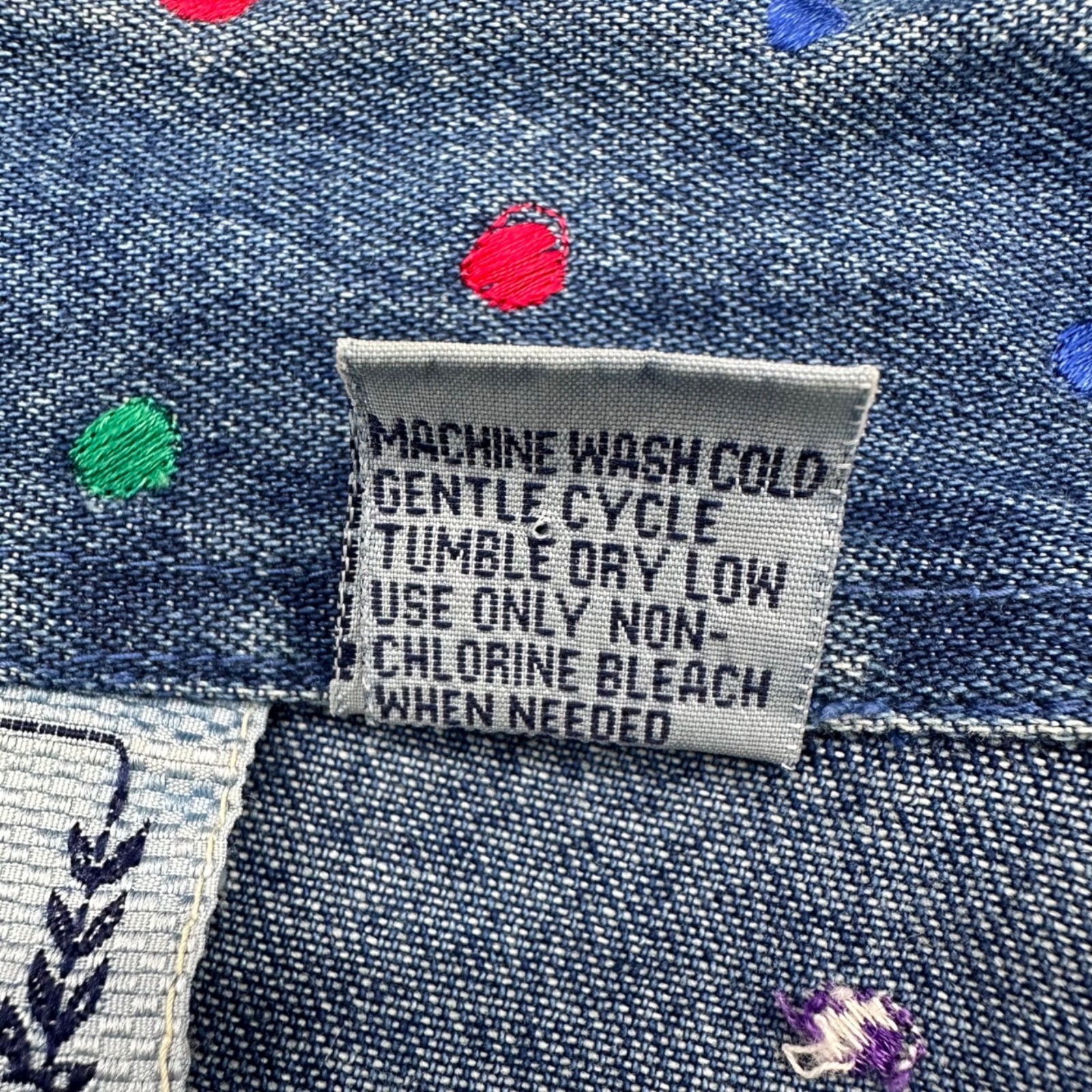 Vintage Denim Shirt Jacket Polka Dot Embroidery Small 1990s Rainbow Button Up