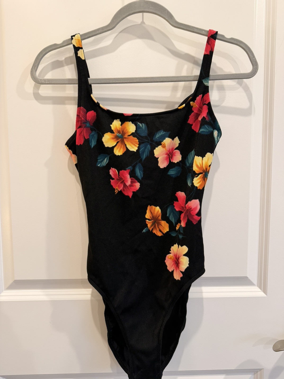 Vintage Jantzen Black Floral One Piece Swimsuit Tropical Hawaiian Made in USA M