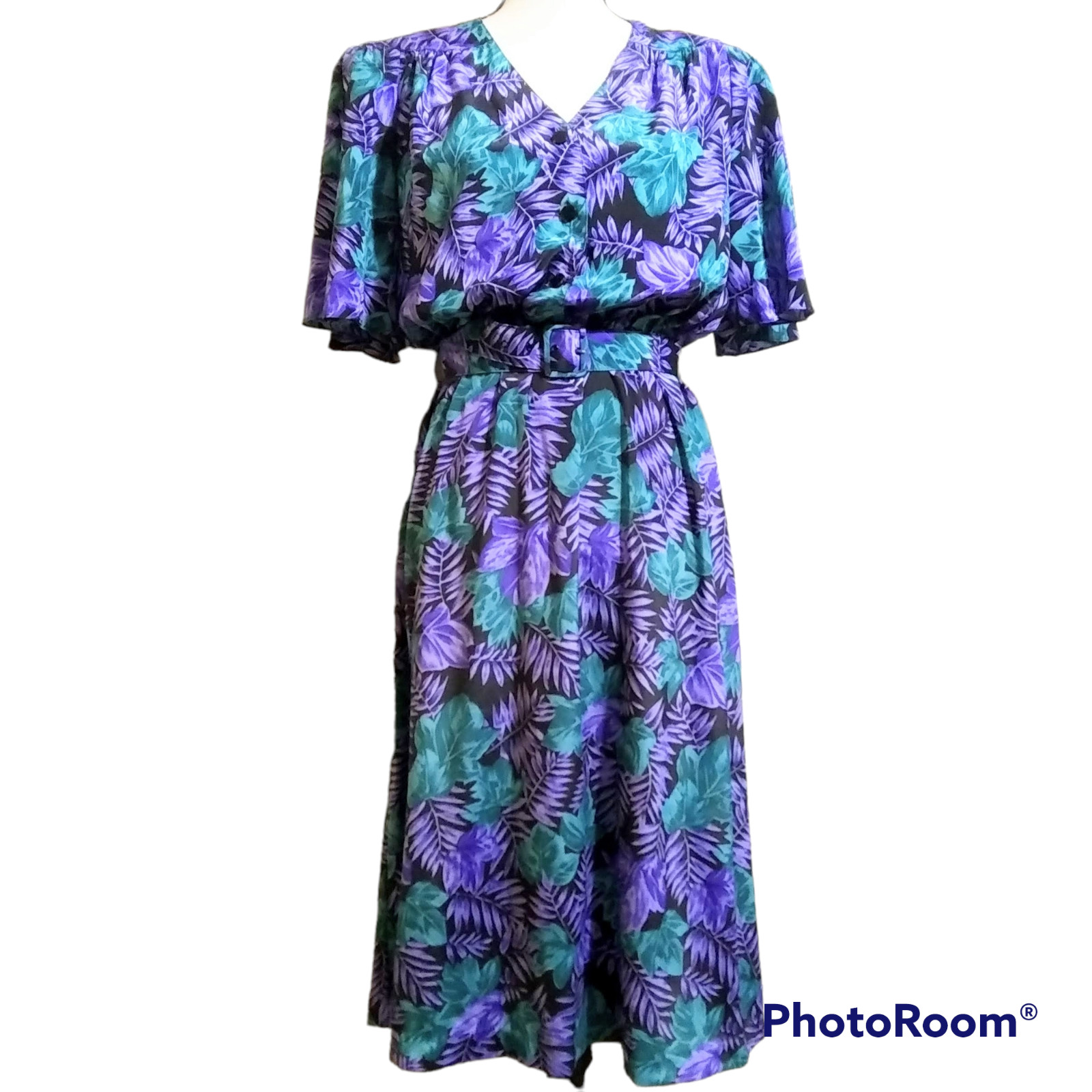 VINTAGE J.B. TOO FLUTTER SLEEVE TROPICAL PALM LEAF DRESS SZ 12 RETRO VACATION