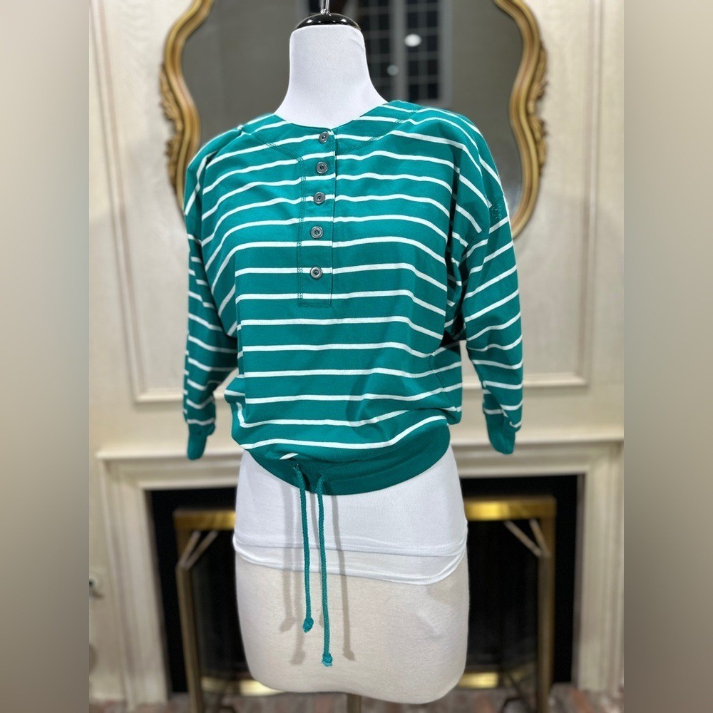 Vintage Jordache Top M Green Striped Henley Drawstring 80s Camp