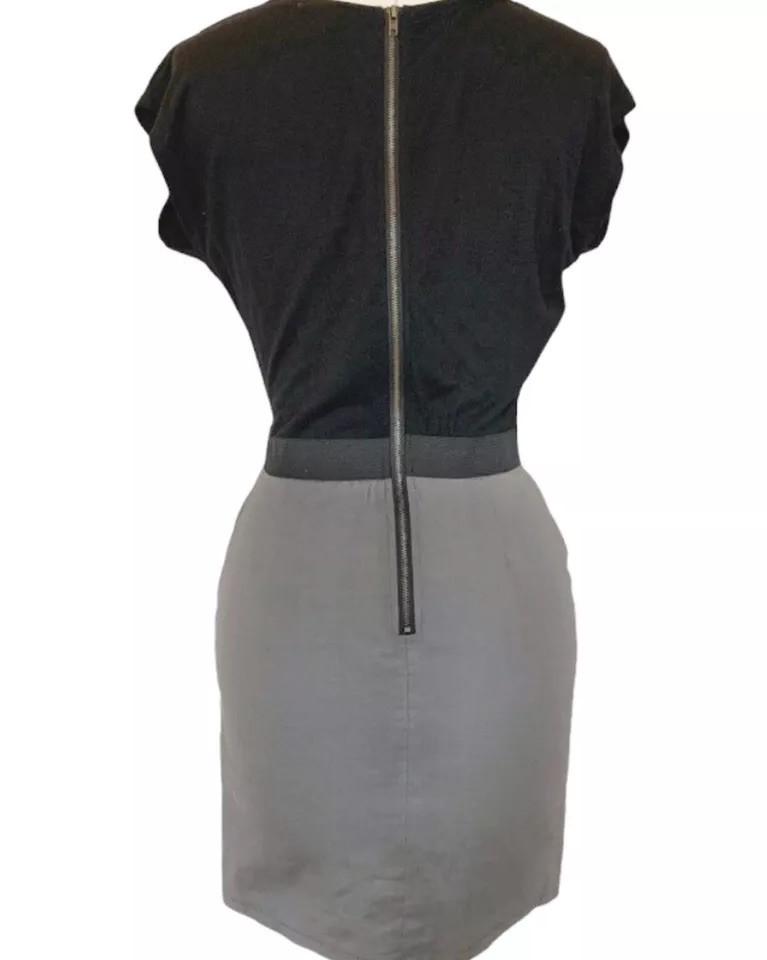 Mini Dress Black & Grey Pleated Cap Sleeve Belted Short Zip Women’s Size Small