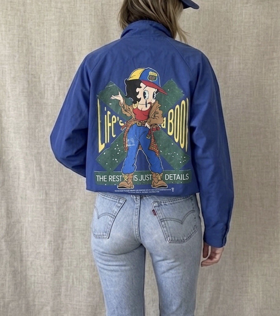 Vintage 1994 Betty Boop Jacket Lightweight Fabric Made In USA Blue Graphic Sz L