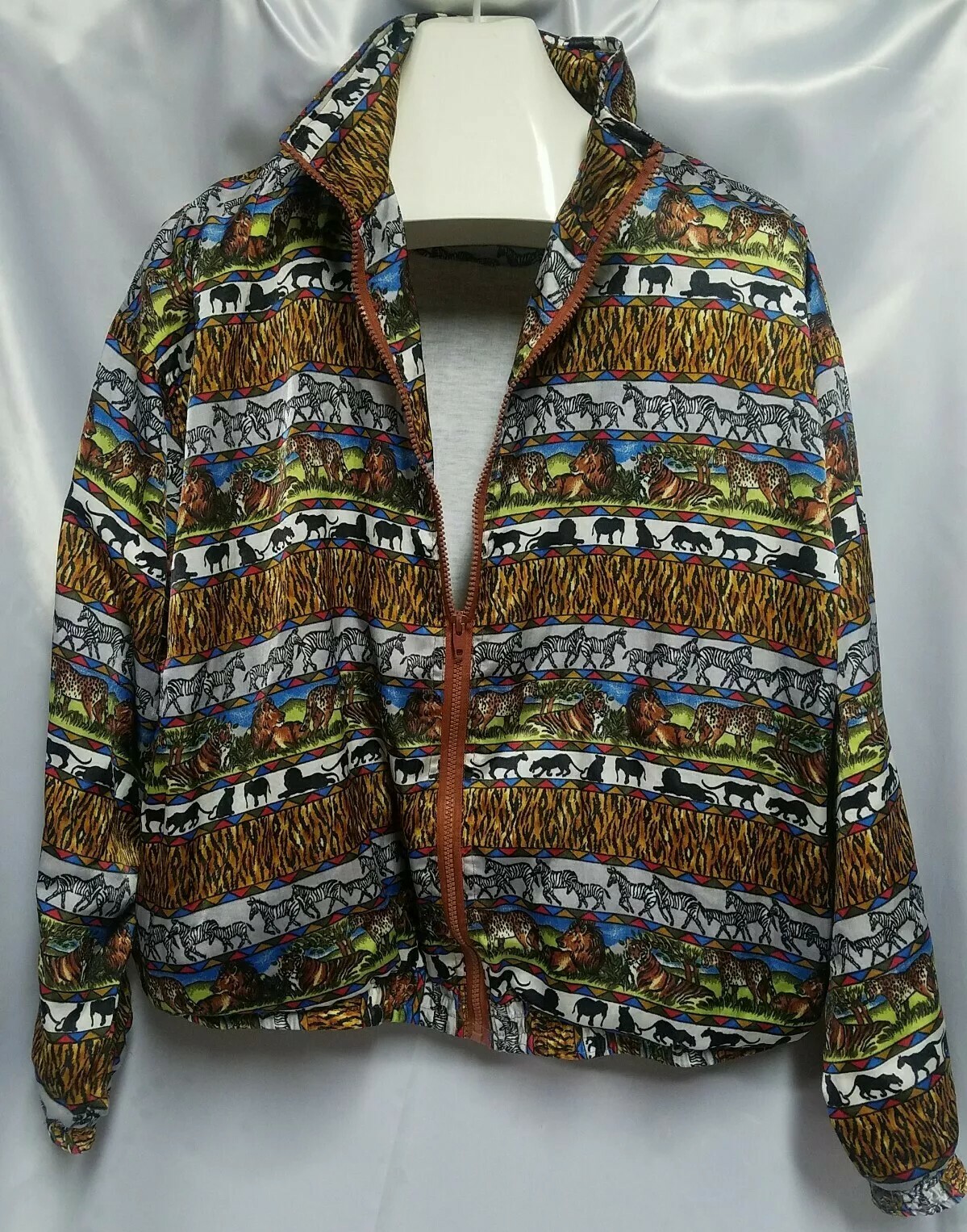 Vintage Solare Sporta Windbreaker Jacket Safari Animals All Over Print Womens XL
