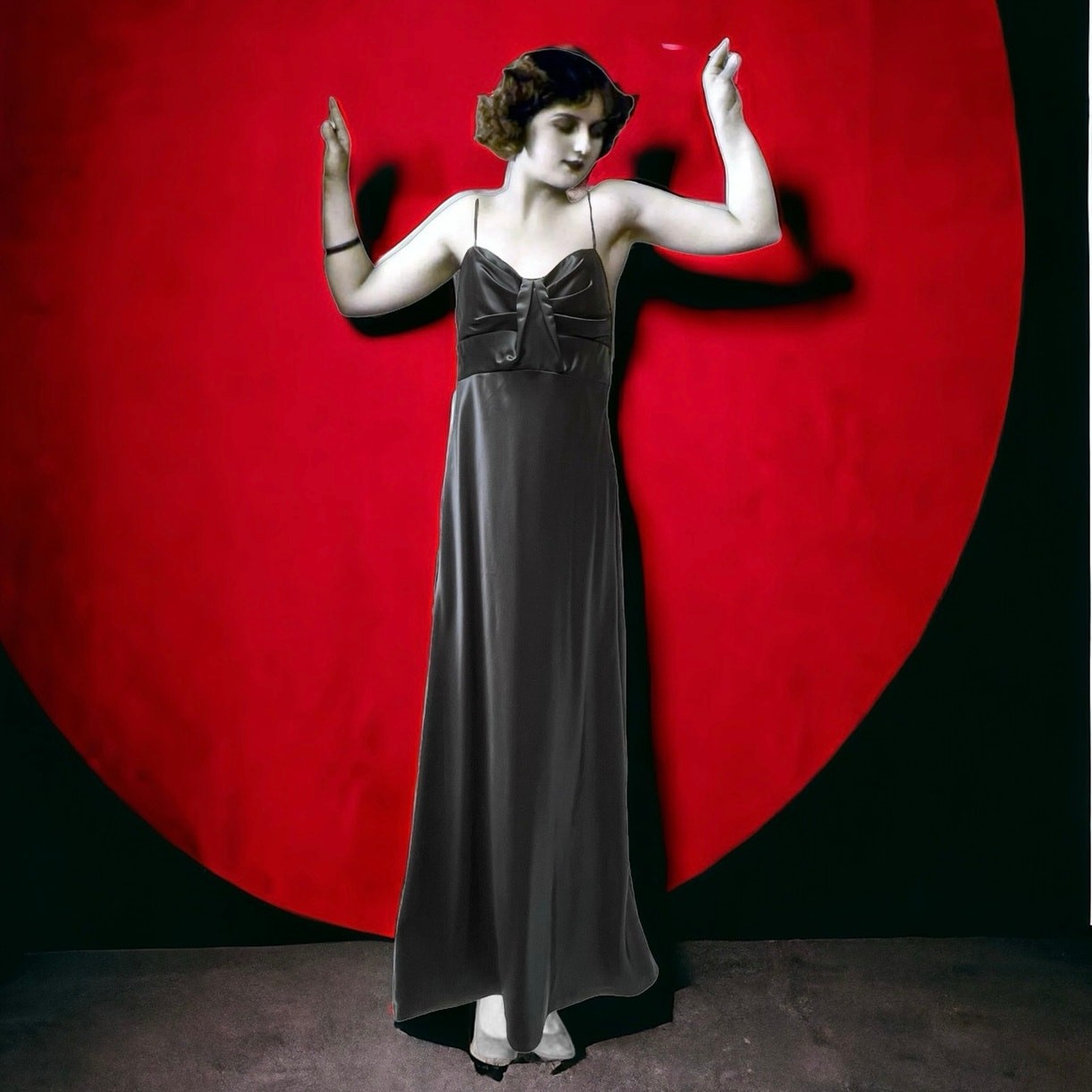 Black Silky Satin Formal Gown 30s Art Deco Style Vintage 1990s LBD Dress Medium