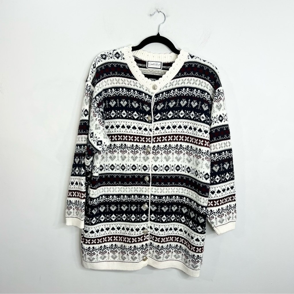 Vintage Carroll Reed acrylic ivory navy burgundy fair isle boxy tunic cardigan L