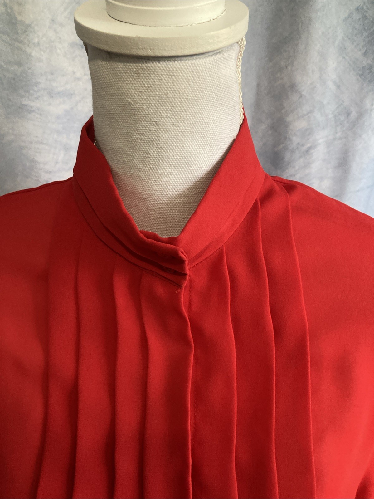 Vtg 80s Chadwyck Secretary Blouse 16 Red Pleats Tuxedo Crepe Sheer USA Mock Neck