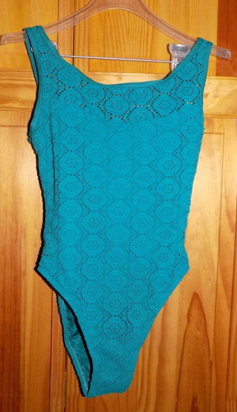 Vintage 14 Swimsuit Jantzen Turquoise Green One Piece 90s Low Open Back VGUC